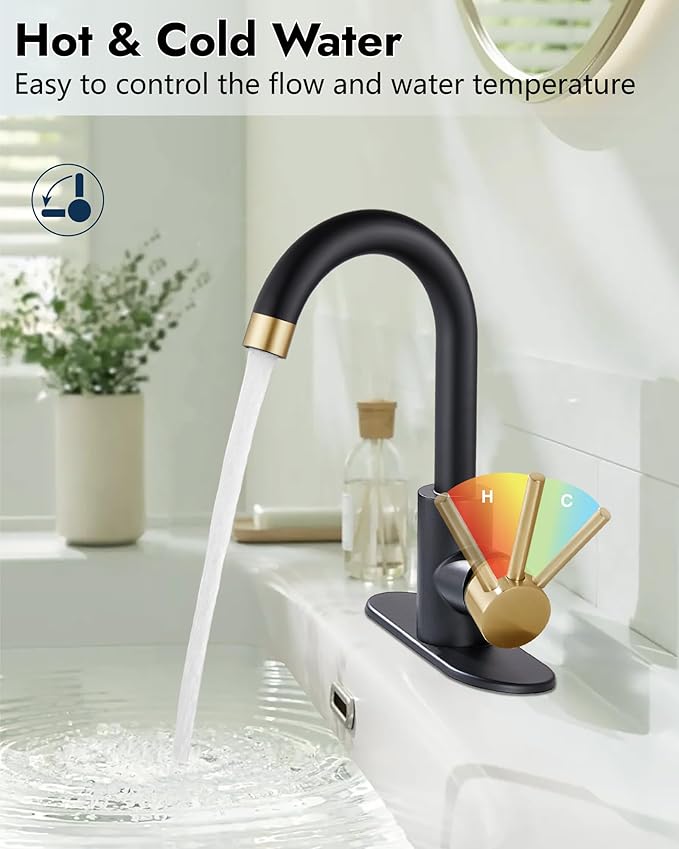 Midanya Single Hole Bathroom Faucet 1 Hole Bar Sink Faucet Suitable for Kitchen RV Vanity,304 Stainless Steel 360° Swivel Spout with Deck Plate and Pop-up Drain,Brushed Gold and Matte Black