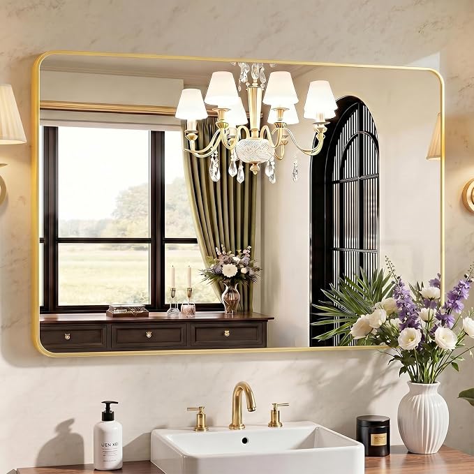 OLIXIS 48x30 Inch Bathroom Wall Mount Mirror with Rounded Rectangle, Gold | Modern Wall Vanity Mirrors for Over Sink with Matte Brush Metal Framed, for Home Decor, Living Room, Bedroom