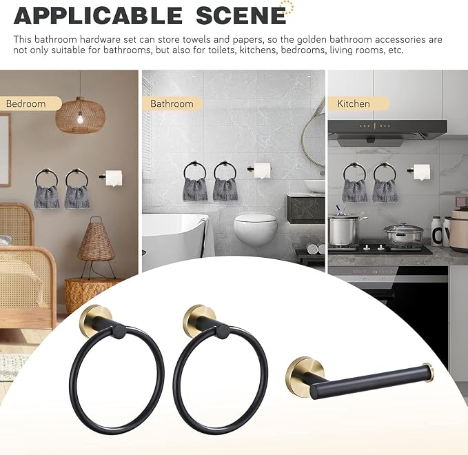 Bathroom Hardware Set 3 Piece Black&Gold Wall Mounted Stainless Steel Hardware Towel Bar Set Gold Bathroom Accessories Towel Rack Set Kit Includes 2 Hand Towel Ring, Toilet Paper Holder