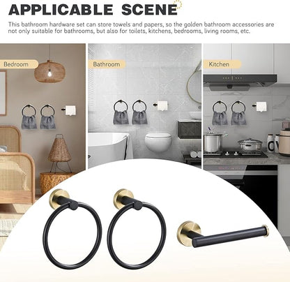 Bathroom Hardware Set 3 Piece Black&Gold Wall Mounted Stainless Steel Hardware Towel Bar Set Gold Bathroom Accessories Towel Rack Set Kit Includes 2 Hand Towel Ring, Toilet Paper Holder