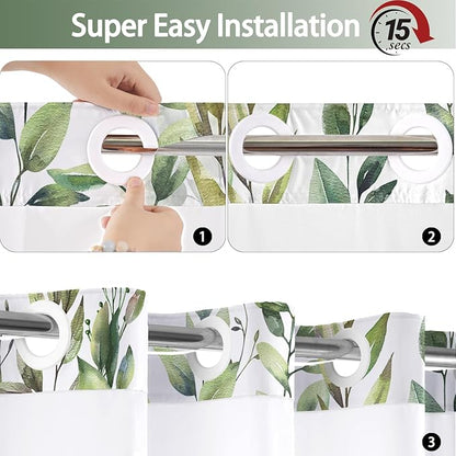 No Hook Shower Curtain and Liner Set, Sage Green Eucalyptus 54x80 | Floral Design, with Snap in Liner, Waterproof, Machine Washable, Quick-Drying, for Hotel Bathroom