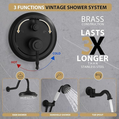 Shower Systems with Handheld Sprayer,3 Functions Shower Faucet Sets Wall Mounted,Shower Fixture with Brass Valve,Complete Shower System Kit with Foldable Tub Spout (Matte Black)