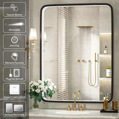 36x28 Inch LED Black Frame Bathroom Mirror,3 Color | ETL Listed,Anti-Fog,3000K/4500K/6000K Dimmable,Horizontal & Vertical,Wall Mounted,Memory Function