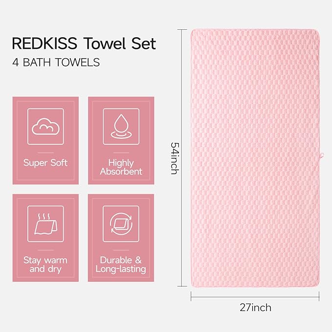 REDKISS 4 Pack Pink Microfiber Bath Towels - Extra Large Waffle Towels Set for Bathroom, Super Absorbent Towel Set of 4 Lagre, Quick Dry Bathroom Towel for Spa, Gym,Travel, Lint Free, Ultra Soft