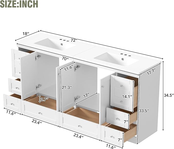 Harper & Bright Designs 72" Bathroom Vanity Set with Double Sink, Vanity Cabinet with 4 Cabinet Doors and 8 Drawers, Modern Design Solid Wood Bathroom Cabinet with Ceramic Basin for Bathroom, White