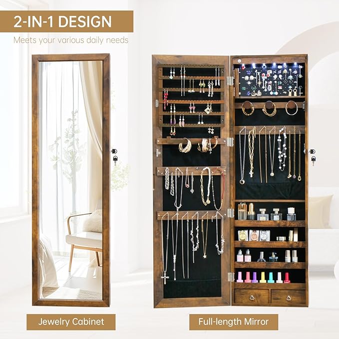 Jewelry LED Cabinet with Mirror 47.3"Mirror Jewelry Armoire over the Door | Door Hanging/Wall Mounted Mirror with Storage And Drawers Rustic Brown
