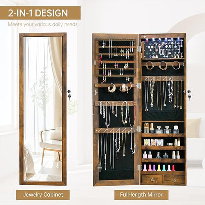 Jewelry LED Cabinet with Mirror 47.3"Mirror Jewelry Armoire over the Door | Door Hanging/Wall Mounted Mirror with Storage And Drawers Rustic Brown