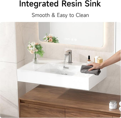 60 Inch Floating Bathroom Vanity with Single Sink, Modern Wall-Mounted Bathroom Cabinet with Resin Sink & Soft Close Drawers & Side Cabinet, Split-Level Layout (Walnut, 60"+1 Side Cabinet)