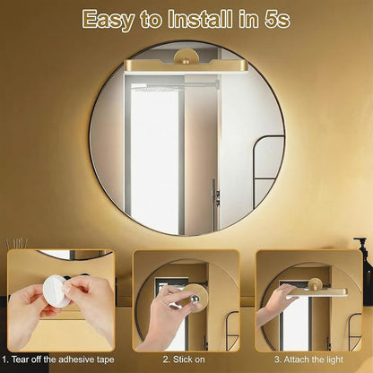 Benreom Wireless Vanity Light for Mirror, Rechargeable LED Bar, Gold | Adjustable Color, Brightness and Angle with Magnetic Stick-On Design for Makeup Mirrors and Renter-Friendly Decor