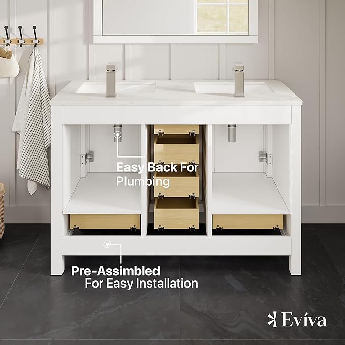 Eviva London 54 in. White Double Sink Bath Vanity with Carrara Quartz Top and Undermount Porcelain Sinks