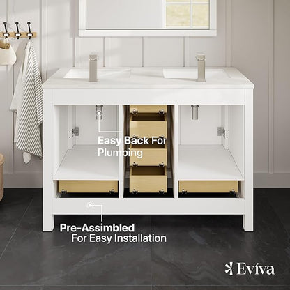 Eviva London 54 in. White Double Sink Bath Vanity with Carrara Quartz Top and Undermount Porcelain Sinks