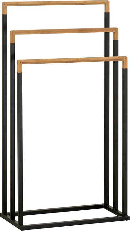 MyGift 33 Inch Standing Towel Rack, Freestanding Bath Towel Holder with 3 Tier Bamboo Wood Bar and Black Chrome Plated Metal, Drying Rack Stand for Bathroom, Laundry