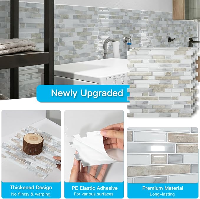 Art3d Linear Design Tile Peel and Stick Backsplash, 10-Sheet, Beige & White | 12 x 12 Inch, Enhanced Thickness, Warp Resistant, Strong Adhesion, Sturdy, for Kitchen, Bedroom, Ideal for Home Improvement
