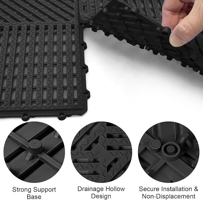 Modular Interlocking Cushion 12 Pack 11.8" x 11.8" Rubber Floor Tiles Non-Slip Splicing Drainage Mats for Deck, Pool, Shower, Patio, Balcony, Bathroom, Kitchen, Yard (Diagonal, Black)