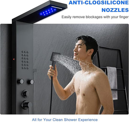 POPFLY Shower Panel Tower System, LED Rainfall & Waterfall Shower Head with Body Jets, Handheld Shower & Tub Spout, Matt Black Stainless Steel Wall-Mounted Bathroom Shower Column Tower