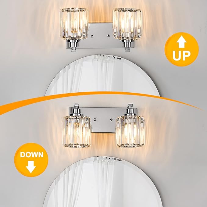 2 Lights Crystal Bathroom Vanity Light Modern Chrome Bathroom Light Fixture Bathroom Lighting Fixtures Over Mirror for Mirror E26 Base
