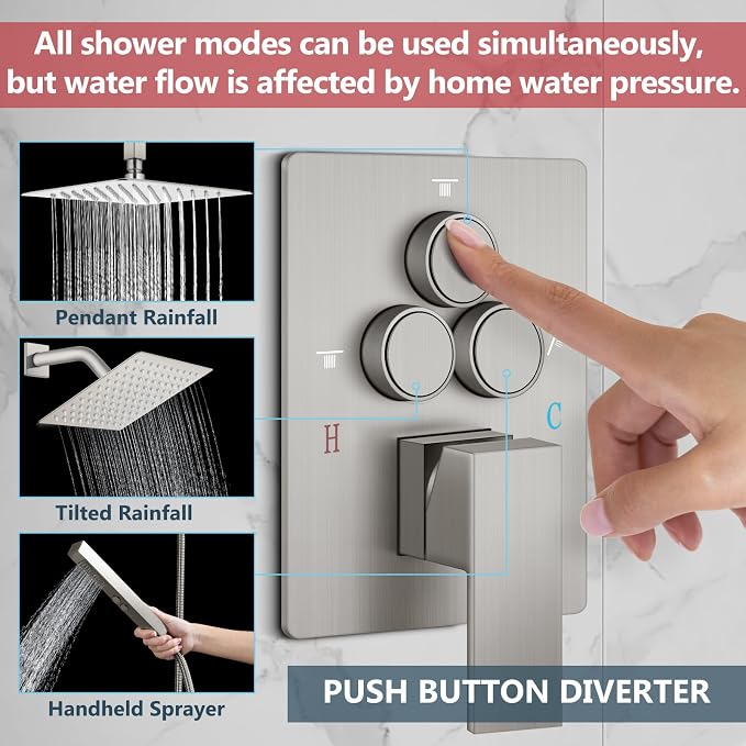 Aolemi Ceiling Shower Faucet Set System Dual Head 16&6 Inch Brushed Nickel | 2 in 1 Handheld Spray,Shower Valve and Trim Kit,Push Button Diverter, 16"Top+6" Wall Rain Head,Bathroom Mixer for Couple
