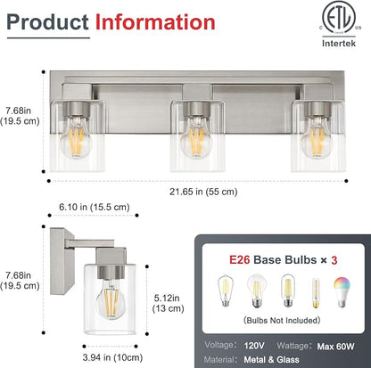 21.6 Inch Brushed Nickel Bathroom Light Fixtures, with Clear Glass Shade | 3-Light Bathroom Lighting Fixtures Over Mirror, Modern Wall Light, bathroom vanity light E26 Socket, ETL