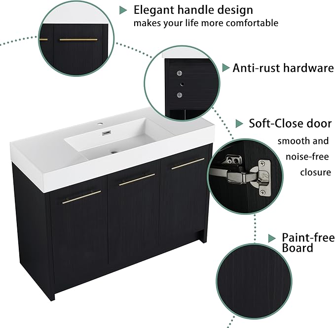 48 Inch Freestanding Bathroom Vanity,48" Bathroom Vanity with Sink,Modern Single Sink Vanity Combo,Black Floor Stand Cabinet Set