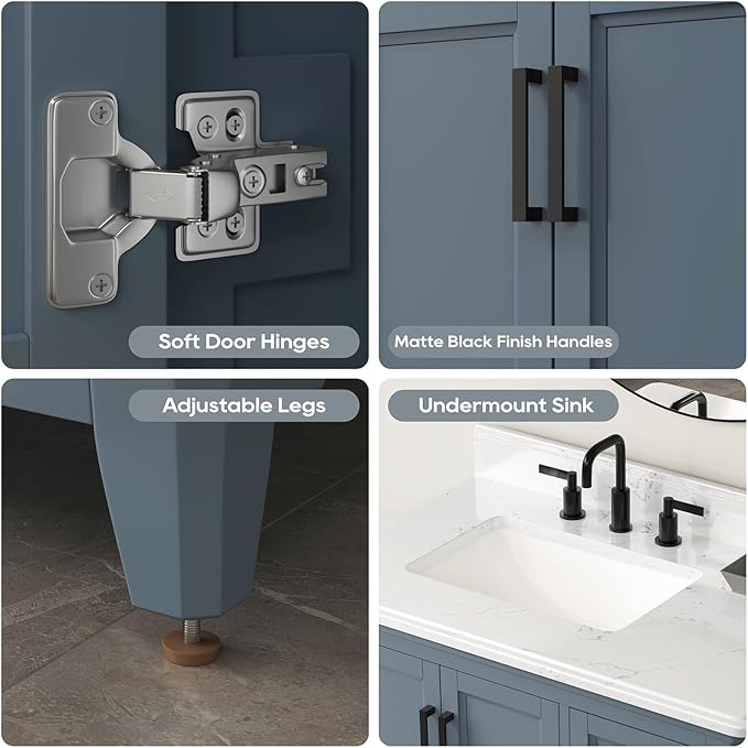 36 Inch Bathroom Vanity with Sink, Bathroom Storage Cabinet with Soft Closing Doors & Dovetail Drawers, Adjustable Feet, Solid Wood Frame, Steel Blue