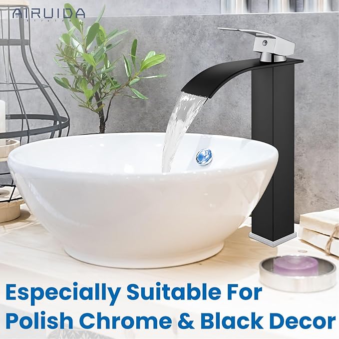 Airuida Tall Waterfall Spout Bathroom Faucet Matte Black&Chrome Polish Single Handle Vessel Sink Faucet One Hole Vanity Farmhouse Lavatory Washbasin Deck Mount Mixer Tap