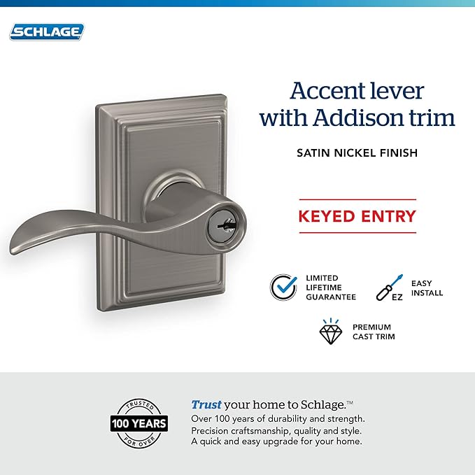SCHLAGE Accent Lever with Addison Trim Keyed Entry Lock in Satin Nickel - F51A ACC 619 ADD