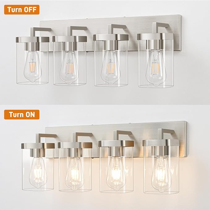 4-Light Bathroom Lighting Fixtures over Mirror, Brushed Nickel Vanity Lights with Square Transparent Glass Shade. Modern Bathroom Vanity Light for Mirror Kitchen, Living Room, Gallery, Hallway