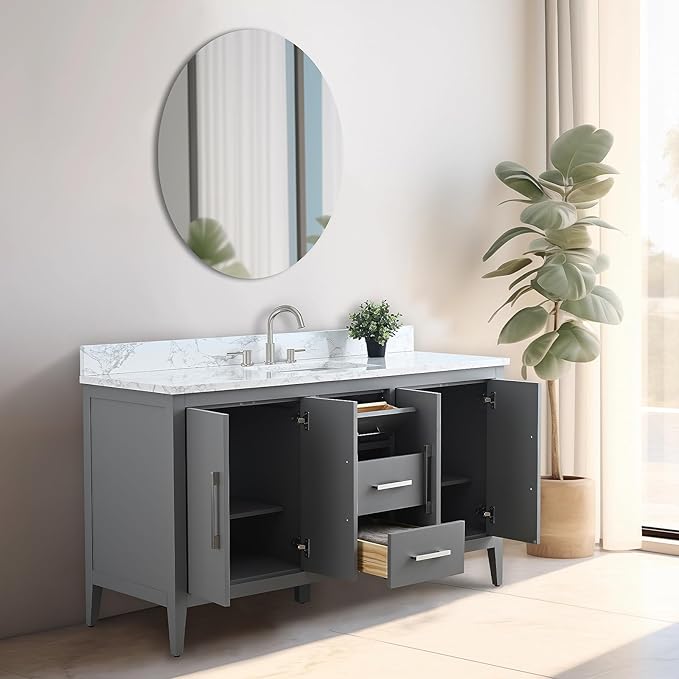 Vanity Art 60 inch Bathroom Vanity with Single Sink & Ceramic Top, Vanity Cabinet with Soft-Closing Doors, Drawers, Solid Wood Frame, Cashmere Gray, VA9060-SG-BN1