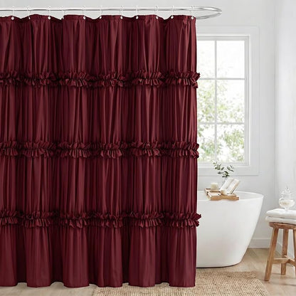 LIPA Boho Rustic Burgundy Ruffle Shower Curtain 72x72 Inches | Farmhouse Shower Curtains for Bathroom,Water‑Resistant Fabric Shower Curtain,Bohemian Bathroom Decor