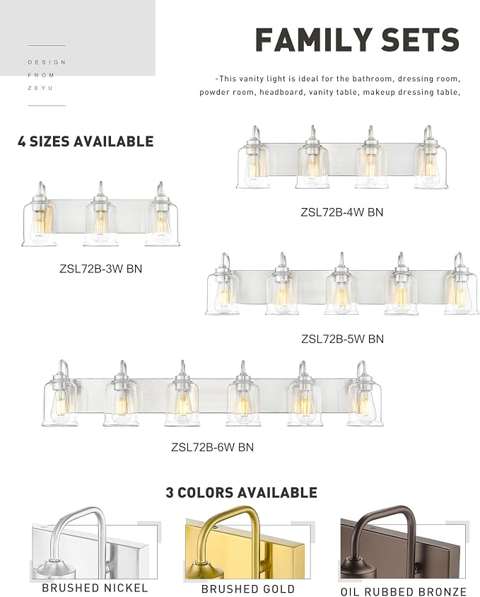 zeyu 44-Inch 6-Light Modern Bathroom Light with Clear Glass, ZSL72B-6W BN | Brushed Nickel Vanity Lighting, Up Or Down Mount, ETL Listed, 6 E26 Bulbs Up To 60W Each, For Bathroom Mirror, Bedroom
