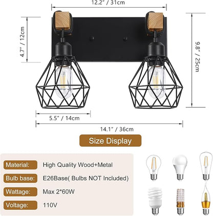 VbiTmn Bathroom Light Fixtures, 2 Light Black Farmhouse Wood Vanity Lights | Rustic Design, Diamond Metal Shades, Easy to Install, Wall Sconces for Bathroom, Bedroom, Makeup Area, Over Vanity Mirror