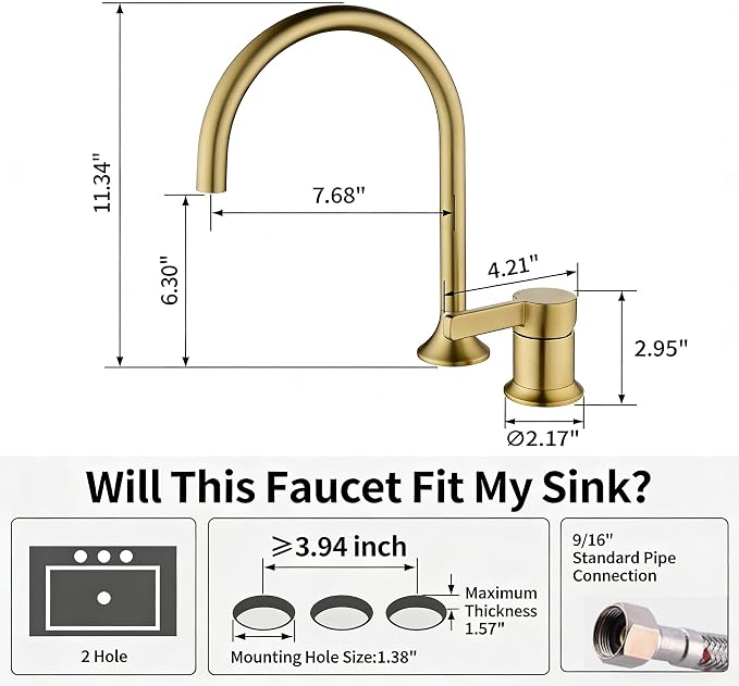Bathroom Faucets Brushed Gold,Single Handle Brass Widespread Basin Faucet for Sink,High Arc Bathroom Sink Faucet 2 Hole,Vanity Vessel Sink Faucet Mixer Tap