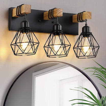 VbiTmn Bathroom Light Fixtures,3 Light Black Farmhouse Wood Vanity Lights | Rustic Design, Diamond Metal Shades, Easy to Install, Wall Sconces for Bathroom, Bedroom, Makeup Area, Over Vanity Mirror