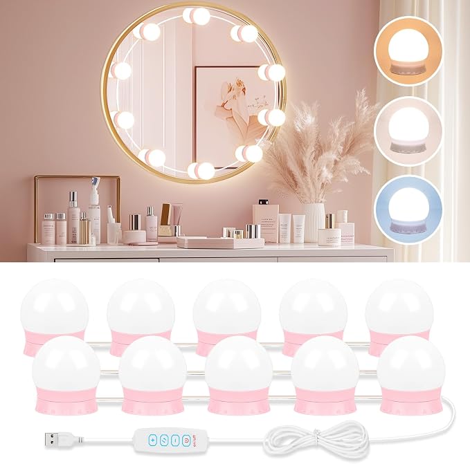 LED Vanity Lights For Mirror, Pink Vanity Light Stick on with 10 Bulbs | 3000K 4000K 6500K & 10 Level Brightness Adjustable USB Cable Hollywood Mirror Lights for Makeup Dressing Room Bathroom