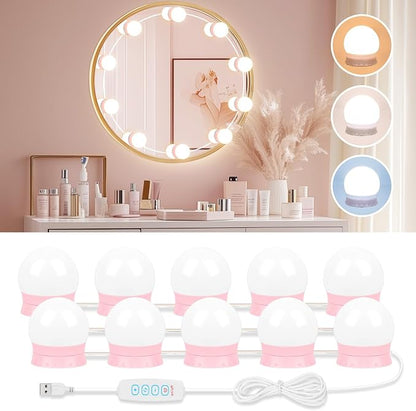 LED Vanity Lights For Mirror, Pink Vanity Light Stick on with 10 Bulbs | 3000K 4000K 6500K & 10 Level Brightness Adjustable USB Cable Hollywood Mirror Lights for Makeup Dressing Room Bathroom