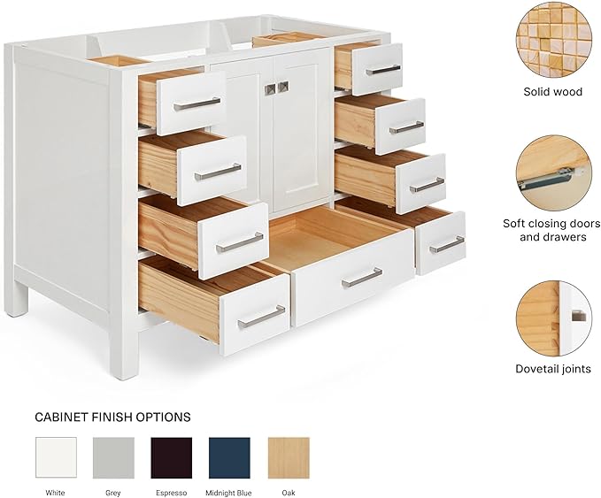 ARIEL Cambridge 48-inch Bathroom Vanity Base Cabinet,Solid Wood, 2 Soft Closing Doors, 9 Dovetail Drawers, White