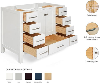 ARIEL Cambridge 48-inch Bathroom Vanity Base Cabinet,Solid Wood, 2 Soft Closing Doors, 9 Dovetail Drawers, White