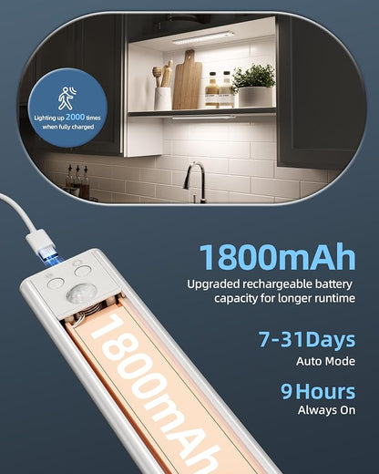 10inch Under Cabinet Lights, Motion Sensor Light Indoor, Wireless Closet Lights, 1800mAh Rechargeable Battery, Magnetic, 5 Levels Dimmable, Under Counter Lights for Kitchen, Bathroom (2 Pack)
