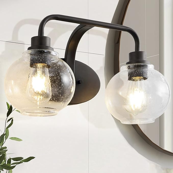 JONATHAN Y 17.5" Oil Rubbed Bronze Farmhouse LED Vanity Light Wall Sconce for Bathroom, Clear Seeded Glass Shade, Industrial Iron Indoor Fixture, LED Bulb Included (JYL7527A)
