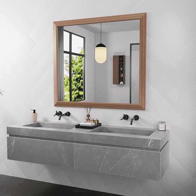 Bathroom Mirror for Wall, 40 X36 Inch (Walnut Wood Grain) | Metal Framed, HD Reflection, Anti-Rust, Hang Horizontally/Vertically, Suitable for Bedroom, Farmhouse, Bathroom, Entryway