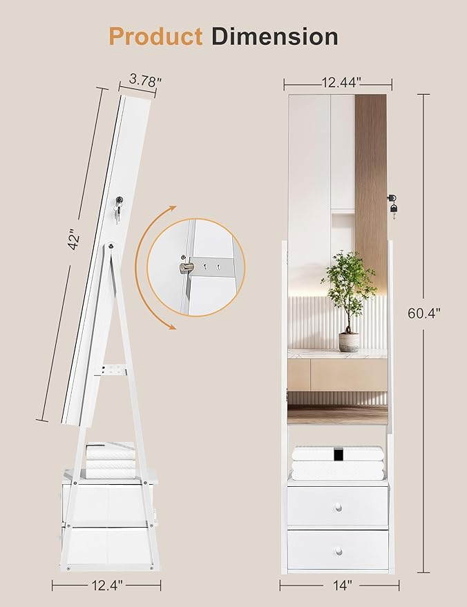 Nicetree Jewelry Cabinet Armoire, 2 Drawers, Full Length Mirror, Pure White | Standing Mirror Jewelry Cabinet, Lockable Jewelry Armoire with Mirror, Adjustable Angles, Easy Assembly, Gift Idea, HD Glass