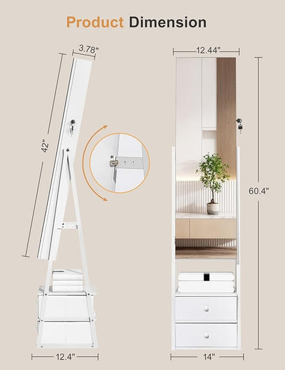 Nicetree Jewelry Cabinet Armoire, 2 Drawers, Full Length Mirror, Pure White | Standing Mirror Jewelry Cabinet, Lockable Jewelry Armoire with Mirror, Adjustable Angles, Easy Assembly, Gift Idea, HD Glass
