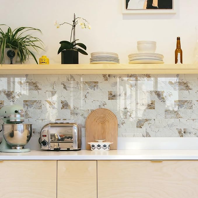 STICKGOO 10-Sheet Backsplash Peel and Stick Subway Tile(Thicker Design, Glossy Pandora Marble)