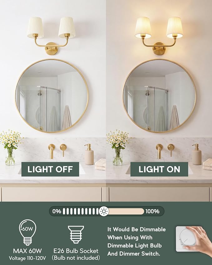 2-Light Gold Bathroom Vanity Light, Beige Pleated Fabric Shade | 17" 2-light gold double wall sconce with beige pleated fabric shades, E26 bulbs, hardwired, upward only, VL837-BG-Z-B-2