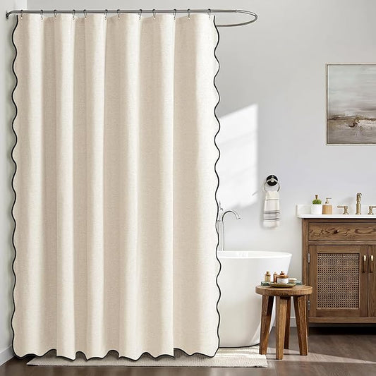 MIULEE Cream White Scalloped Linen Shower Curtain 72x72 Inches | Linen Textured, Waterproof, Washable, 12 Metal Hooks, Heavy Duty Cloth, Black Border, Shower Curtain for Bathroom Bathtub