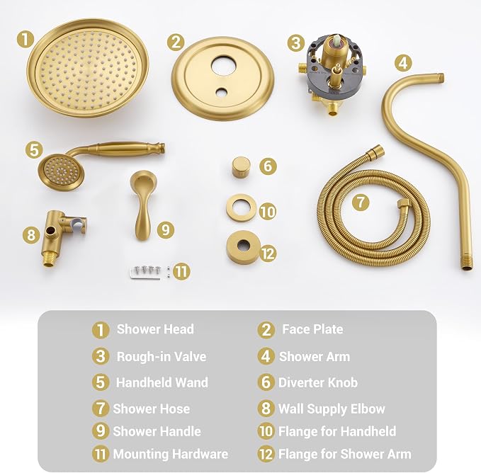 DASAN Rain Shower System Complete Antique Shower Faucet Sets, Shower Fixtures Combo with Pressure Balance Valve, Trim Kit, 9'' Rainfall Overhead Shower & Handheld, Color Brushed Gold AT209W-BTG
