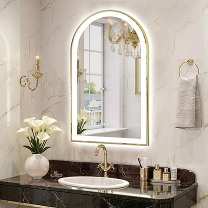 Arched LED Bathroom Mirror, 32"x20" Arch Backlit Vanity Mirror with Lights, Frontlit, Dimmable, 3 Colors, Memory Function, Anti-Fog Smart Mirror, Shiny Gold Frame, Shatterproof, UL Listed