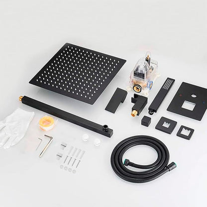 BWE Black Shower Faucet Set, 12 Inch Square Rain Shower Head and Handle Set Bathroom Shower System Sets Complete Combo 2-Functions Pressure Balancing Wall Mount Rainfall Shower Mixer Valve
