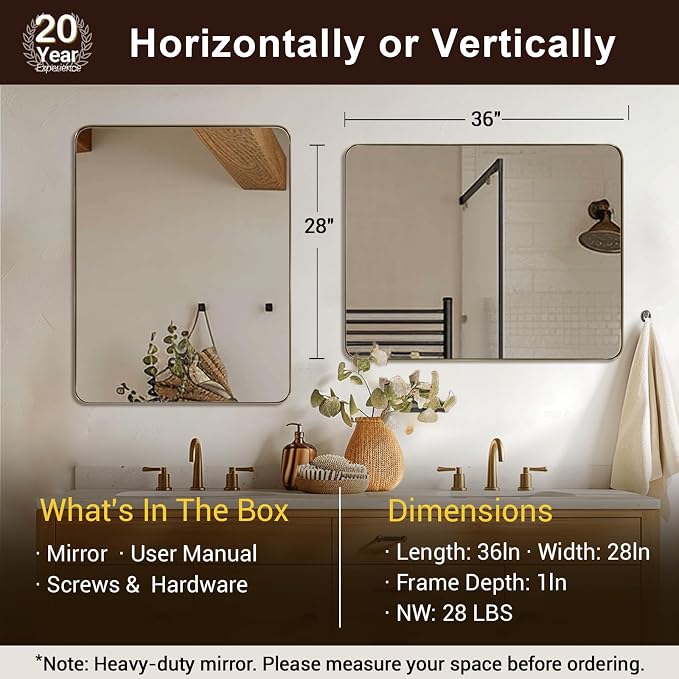 Gold Bathroom Mirrors for Over Sink, 28x36 Inch Brushed Brass Wall Mirror, Rectangular Metal Framed Vanity Mirror -Modern Clean Design with Superior Stainless Steel Frame