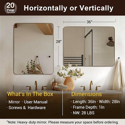 Gold Bathroom Mirrors for Over Sink, 28x36 Inch Brushed Brass Wall Mirror, Rectangular Metal Framed Vanity Mirror -Modern Clean Design with Superior Stainless Steel Frame